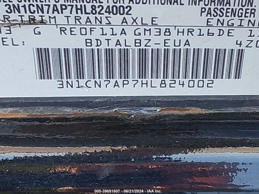 2017 Nissan Versa 1.6 Sv VIN: 3N1CN7AP7HL824002 Lot: 39691607