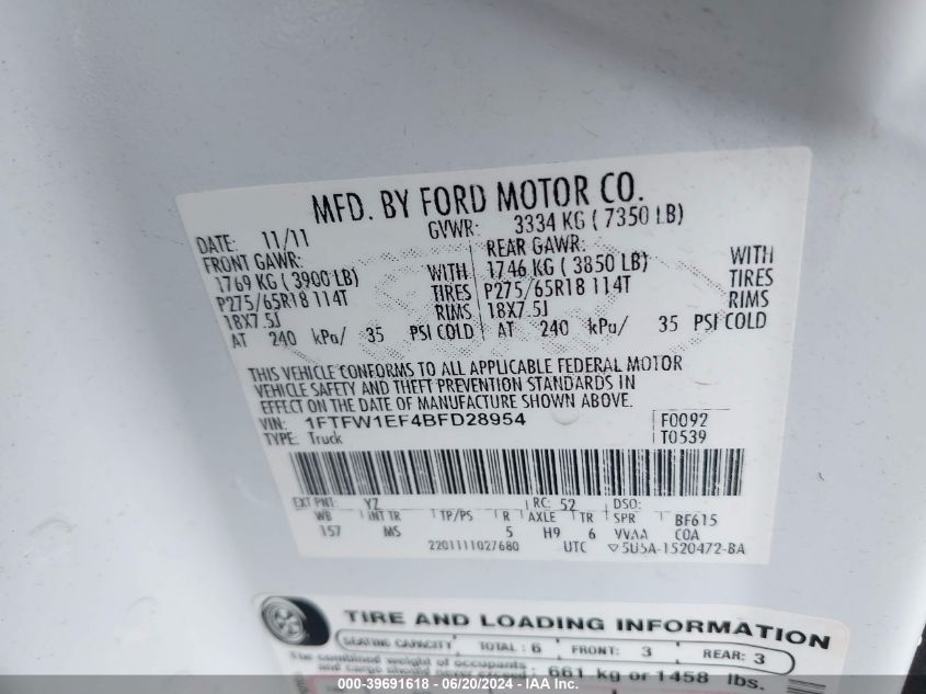 2011 Ford F150 Supercrew VIN: 1FTFW1EF4BFD28954 Lot: 39691618