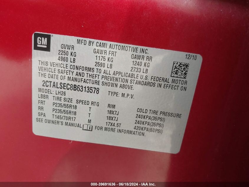 2011 GMC Terrain Sle-2 VIN: 2CTALSEC8B6313578 Lot: 39691636