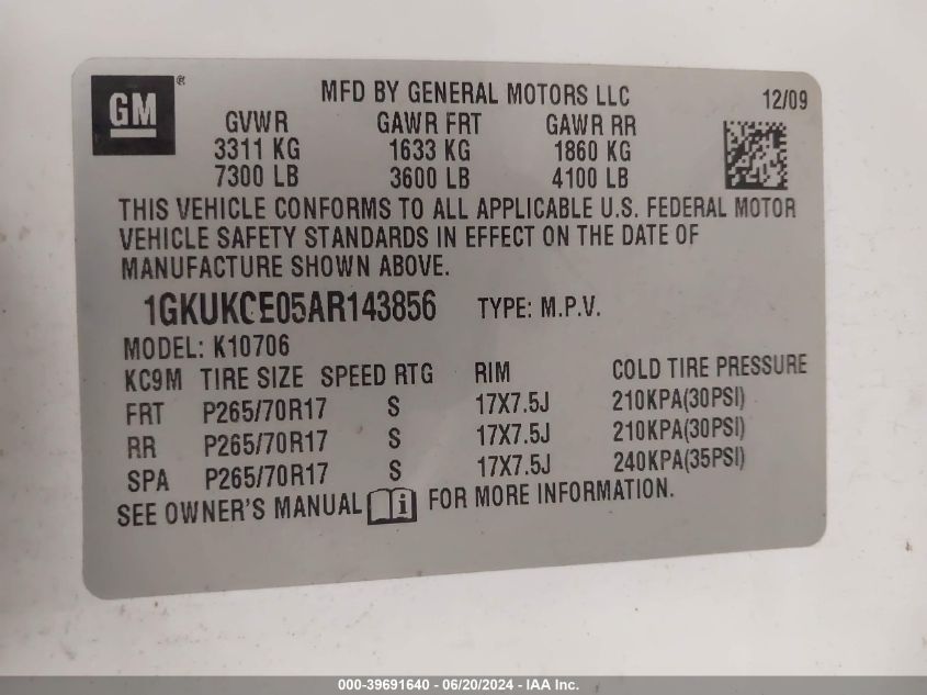 2010 GMC Yukon Slt VIN: 1GKUKCE05AR143856 Lot: 39691640