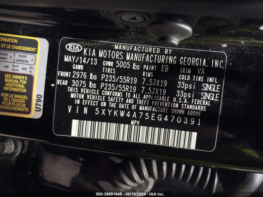 2014 Kia Sorento Limited V6 VIN: 5XYKW4A75EG470391 Lot: 39691645