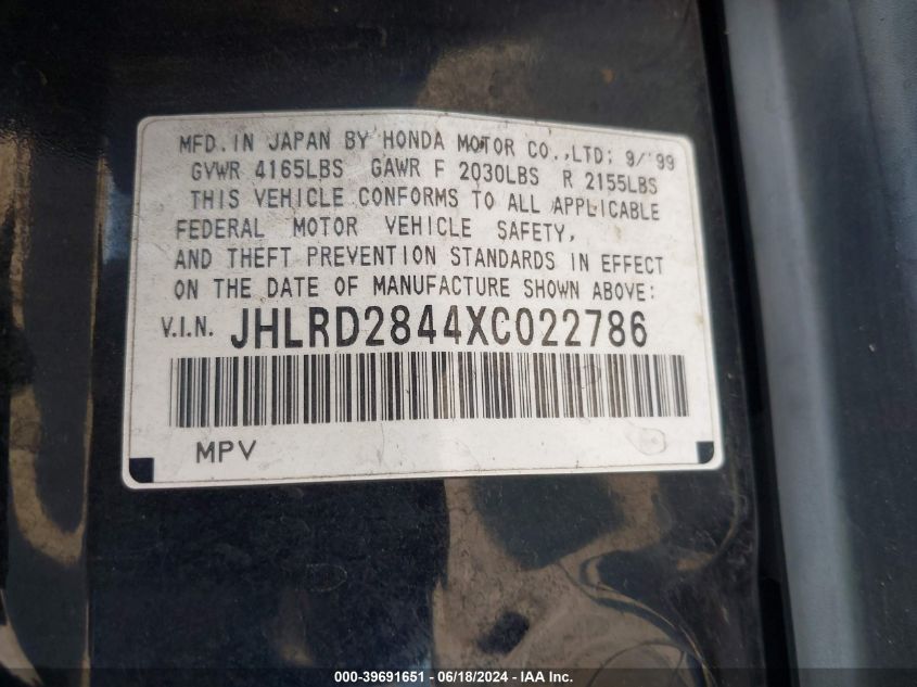1999 Honda Cr-V Lx VIN: JHLRD2844XC022786 Lot: 39691651
