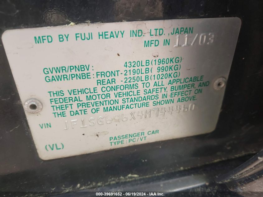 2004 Subaru Forester 2.5Xt VIN: JF1SG696X4H744460 Lot: 39691652