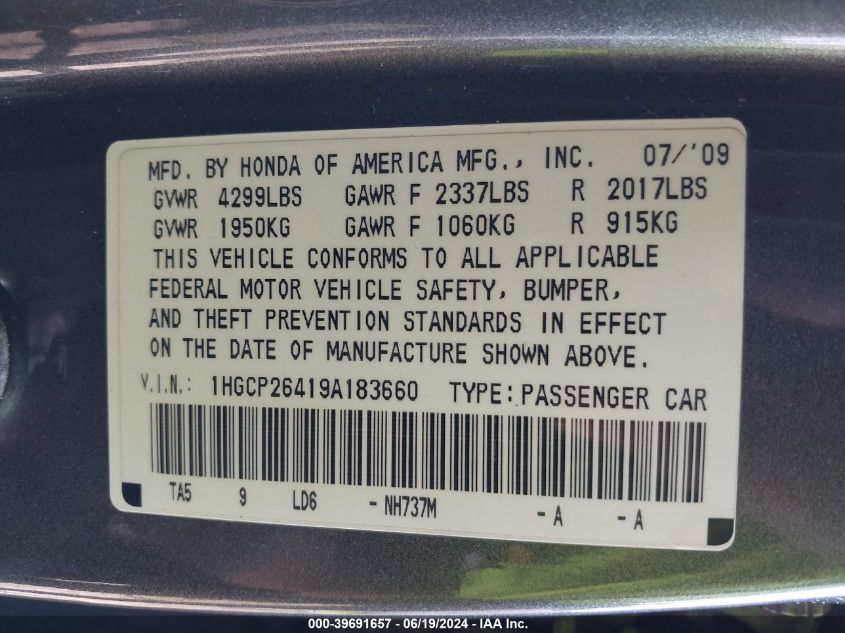 2009 Honda Accord 2.4 Lx-P VIN: 1HGCP26419A183660 Lot: 39691657