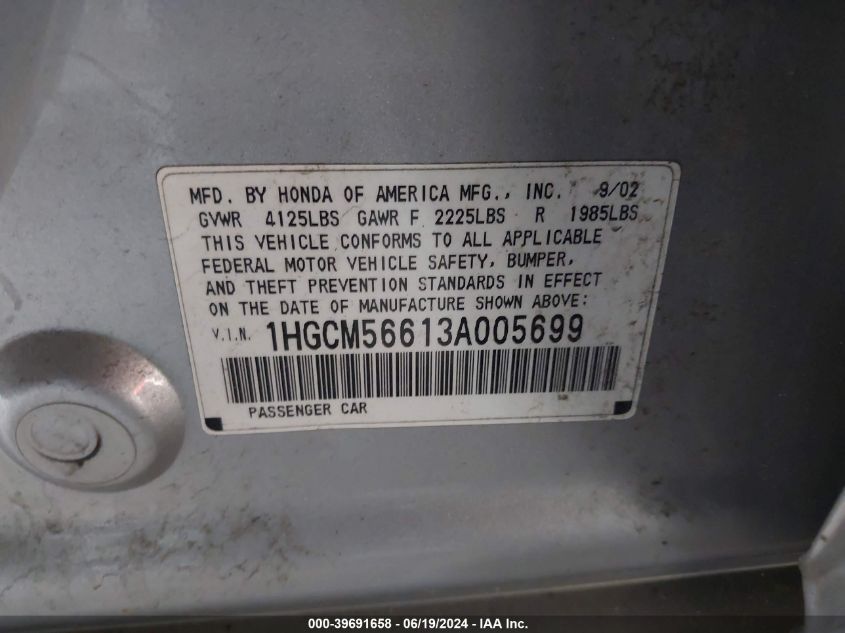 1HGCM56613A005699 | 2003 HONDA ACCORD