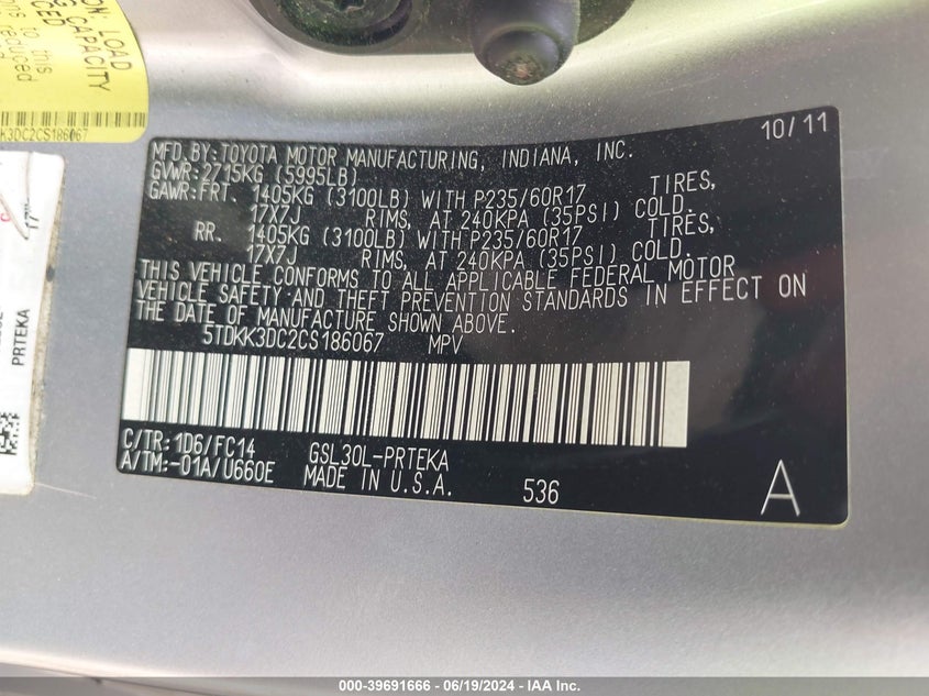 2012 Toyota Sienna Le V6 8 Passenger VIN: 5TDKK3DC2CS186067 Lot: 39691666