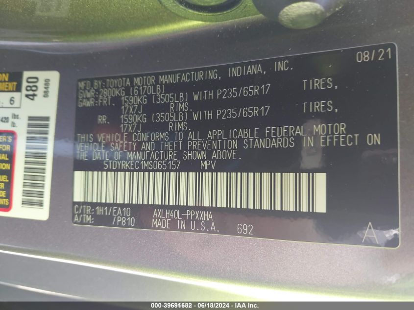 2021 Toyota Sienna Xle VIN: 5TDYRKEC1MS065157 Lot: 39691682