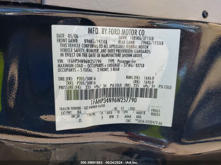 1FAHP34N96W257790 2006 Ford Focus Zx4