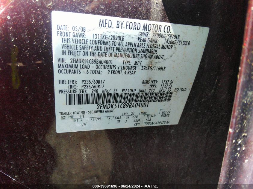 2009 Ford Flex Se VIN: 2FMDK51C89BA04001 Lot: 39691696