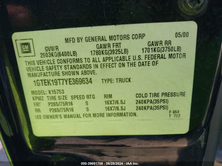 2000 GMC Sierra 1500 K1500 VIN: 1GTEK19T7YE369634 Lot: 39691709