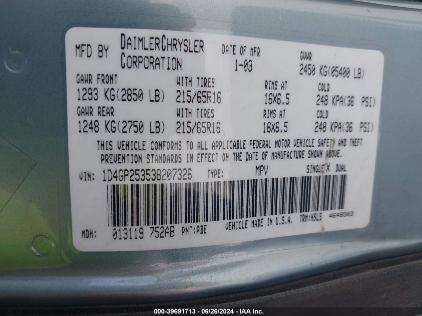 2003 Dodge Caravan Se VIN: 1D4GP25353B207326 Lot: 39691713