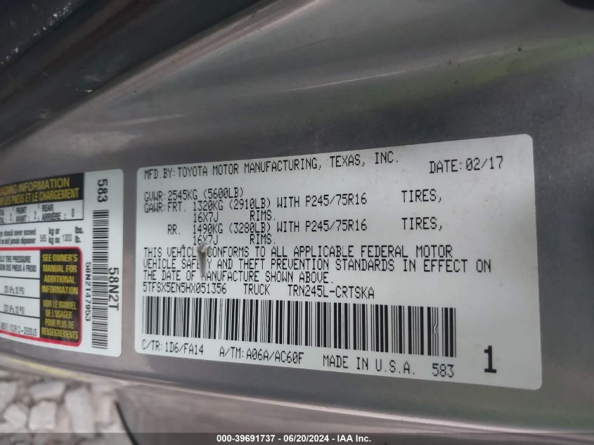 2017 Toyota Tacoma Sr VIN: 5TFSX5EN5HX051356 Lot: 39691737