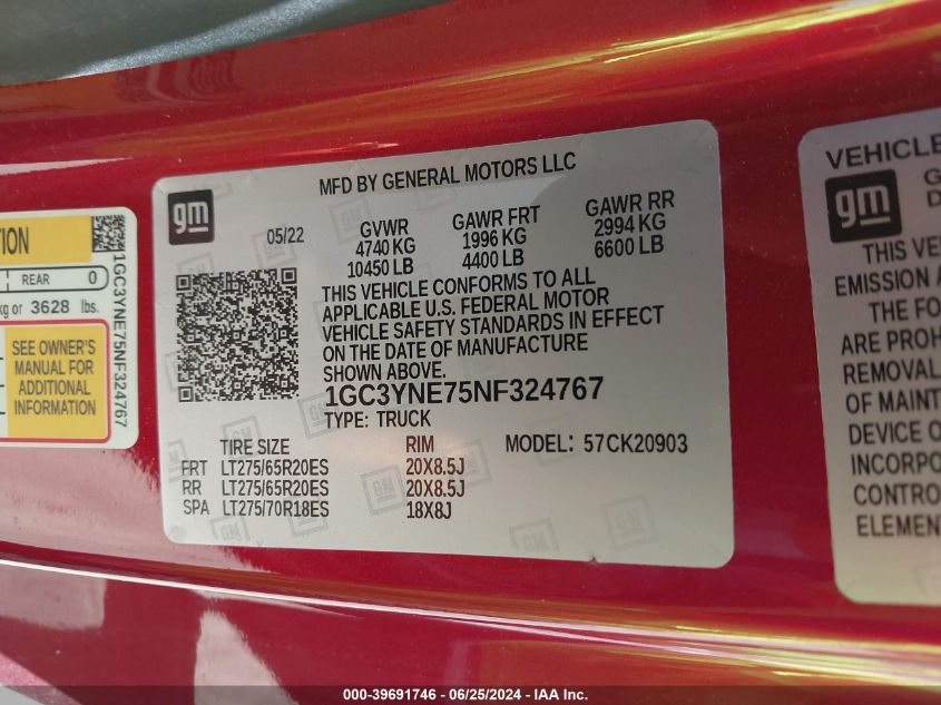 2022 Chevrolet Silverado 2500Hd 4Wd Regular Cab Long Bed Lt VIN: 1GC3YNE75NF324767 Lot: 39691746