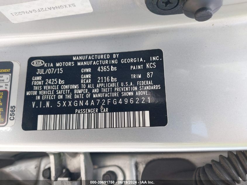 2015 Kia Optima Ex VIN: 5XXGN4A72FG496221 Lot: 39691758