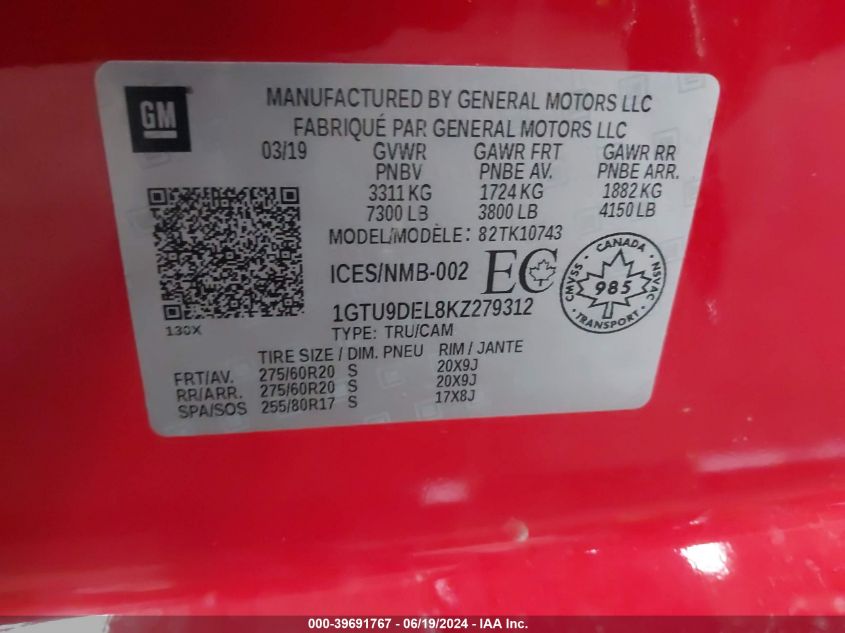 2019 GMC Sierra 1500 Slt VIN: 1GTU9DEL8KZ279312 Lot: 39691767