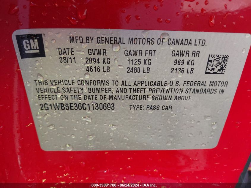 2012 Chevrolet Impala Lt VIN: 2G1WB5E36C1130693 Lot: 39691780