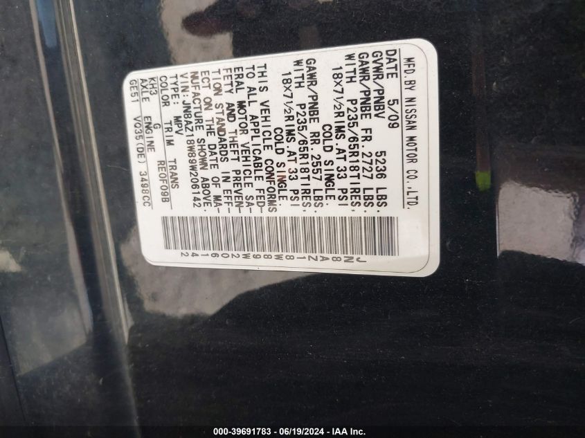 2009 Nissan Murano Sl VIN: JN8AZ18W89W206142 Lot: 39691783