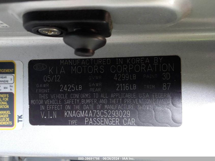 2012 Kia Optima Lx VIN: KNAGM4A73C5293029 Lot: 39691786