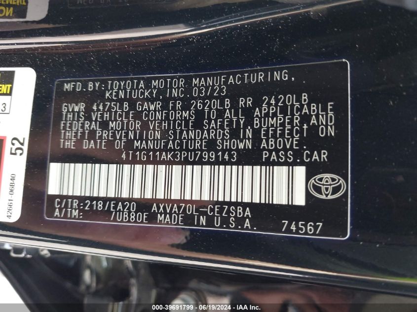 4T1G11AK3PU799143 | 2023 TOYOTA CAMRY