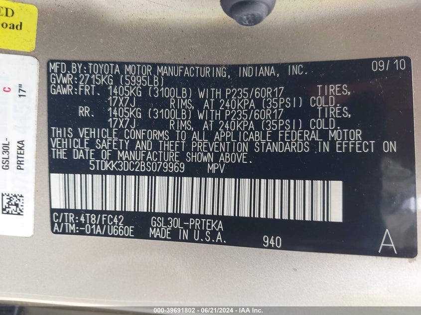 2011 Toyota Sienna Le V6 VIN: 5TDKK3DC2BS079969 Lot: 39691802