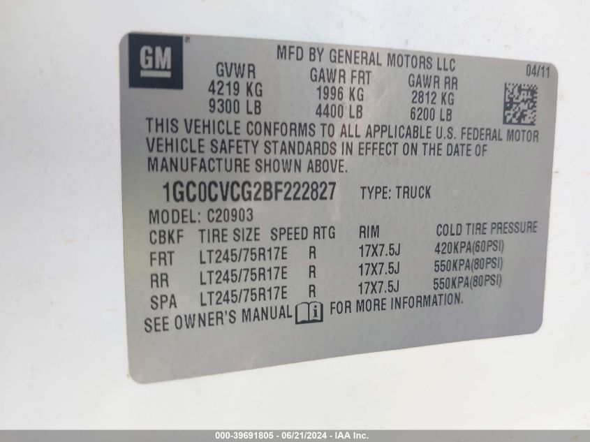 2011 Chevrolet Silverado 2500Hd C2500 Heavy Duty VIN: 1GC0CVCG2BF222827 Lot: 39691805