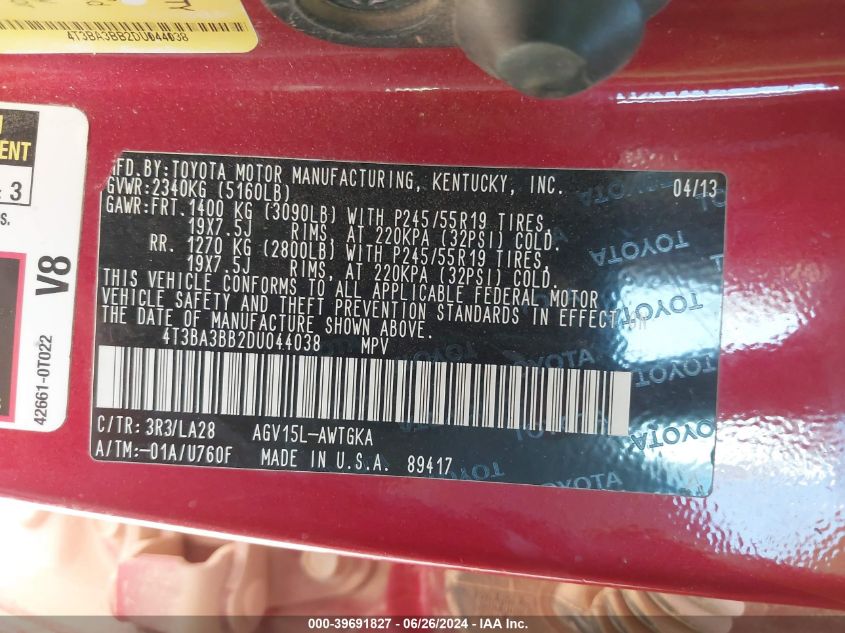 2013 Toyota Venza Xle VIN: 4T3BA3BB2DU044038 Lot: 39691827