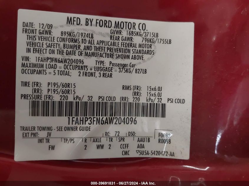 2010 Ford Focus Se VIN: 1FAHP3FN6AW204096 Lot: 39691831