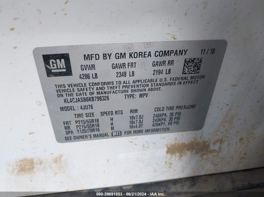 2019 Buick Encore Preferred VIN: KL4CJASB6KB798326 Lot: 39691853