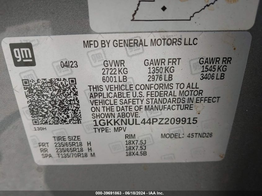 2023 GMC Acadia Awd Slt VIN: 1GKKNUL44PZ209915 Lot: 39691863