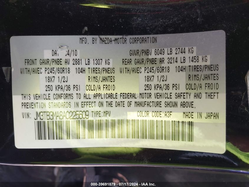 2010 Mazda Cx-9 Touring VIN: JM3TB3MA8A0225609 Lot: 39691879