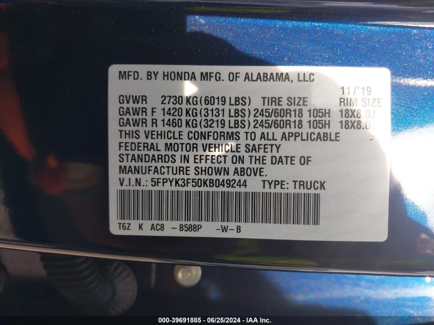 2019 HONDA RIDGELINE RTL - 5FPYK3F50KB049244