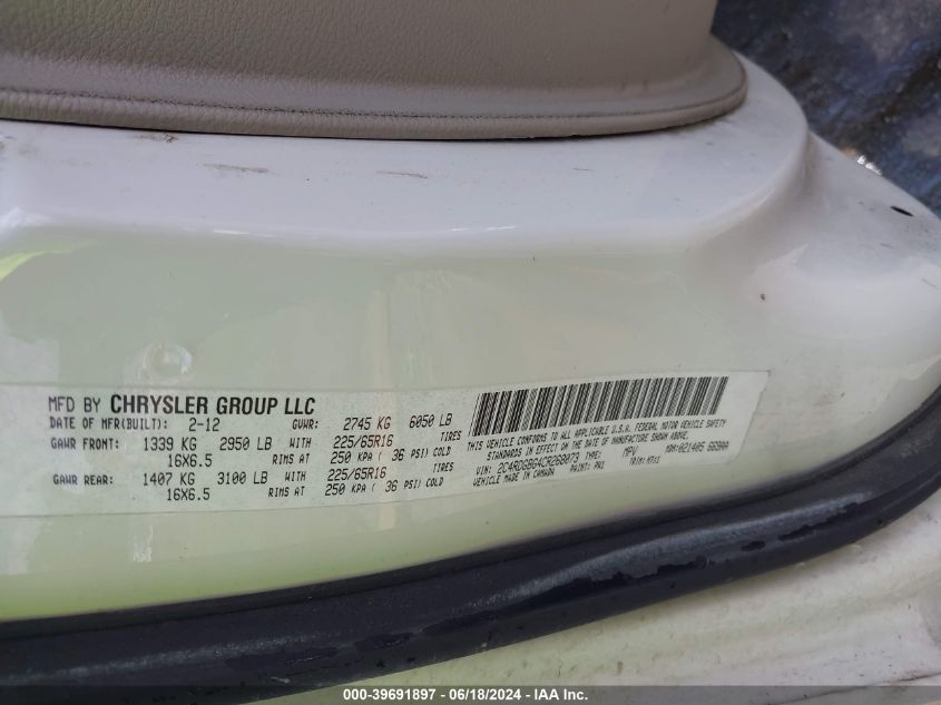 2012 Dodge Grand Caravan Se/Avp VIN: 2C4RDGBG4CR268073 Lot: 39691897