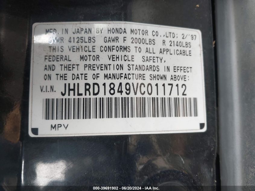 1997 Honda Cr-V Lx VIN: JHLRD1849VC011712 Lot: 39691902
