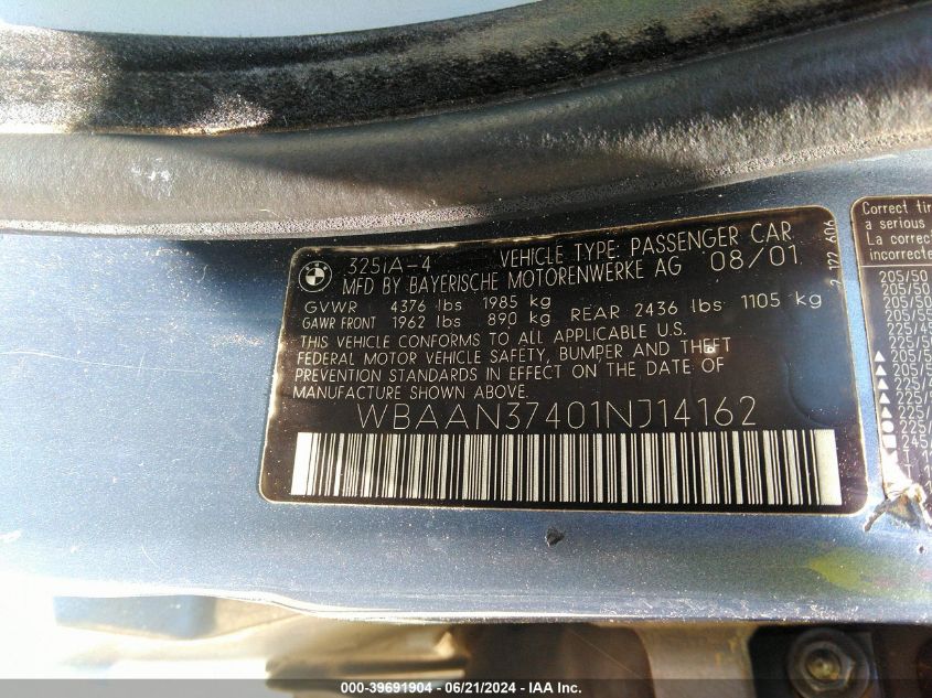 2001 BMW 325I VIN: WBAAN37401NJ14162 Lot: 39691904