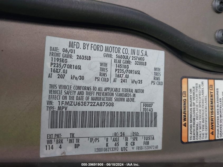 2002 Ford Explorer Xlt VIN: 1FMZU63E72ZA87508 Lot: 39691908