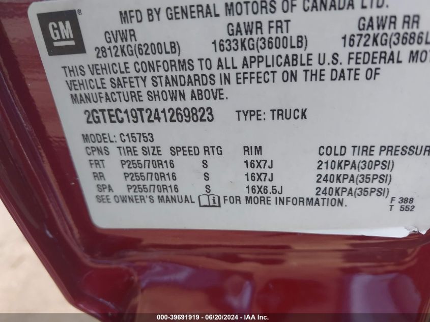 2004 GMC Sierra 1500 Sle VIN: 2GTEC19T241269823 Lot: 39691919