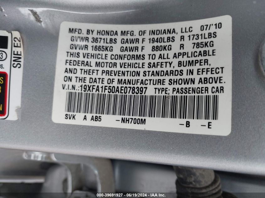 2010 Honda Civic Lx VIN: 19XFA1F50AE078397 Lot: 39691927