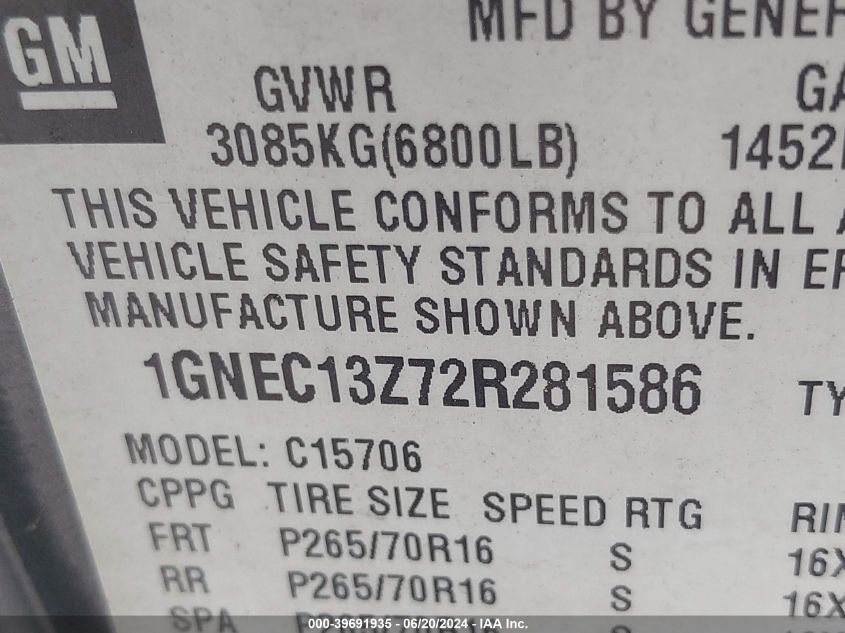 2002 Chevrolet Tahoe C1500 VIN: 1GNEC13Z72R281586 Lot: 39691935