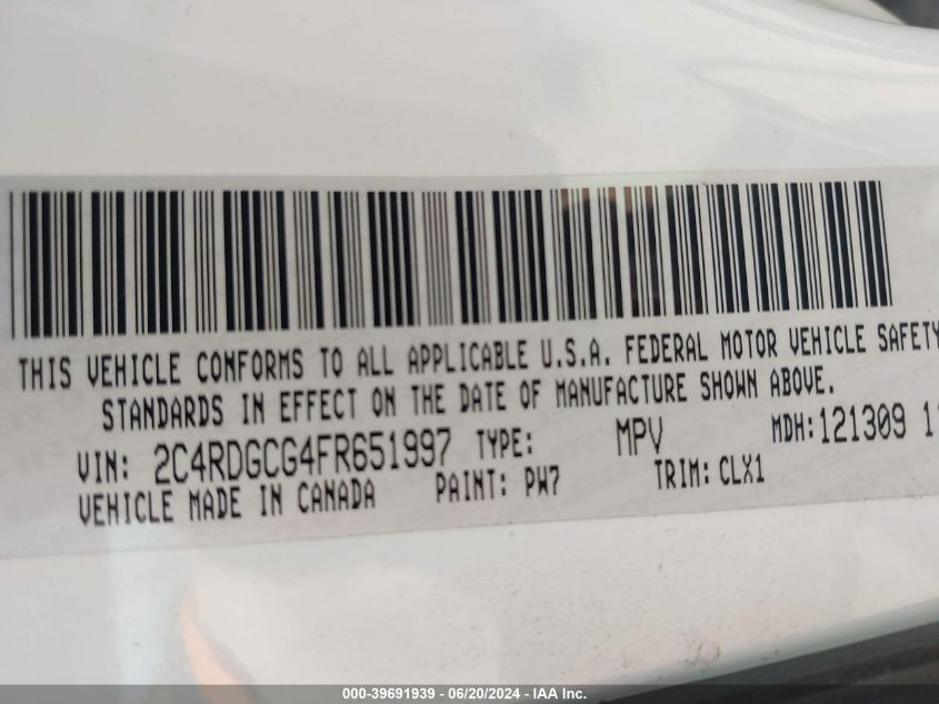 2015 Dodge Grand Caravan Sxt Plus VIN: 2C4RDGCG4FR651997 Lot: 39691939