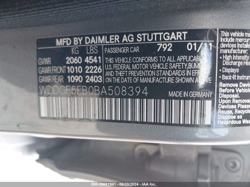 2011 Mercedes-Benz C 300 VIN: WDDGF5EB0BA508394 Lot: 39691941