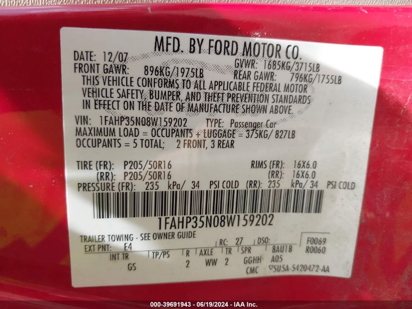 2008 Ford Focus Se/Ses VIN: 1FAHP35N08W159202 Lot: 39691943