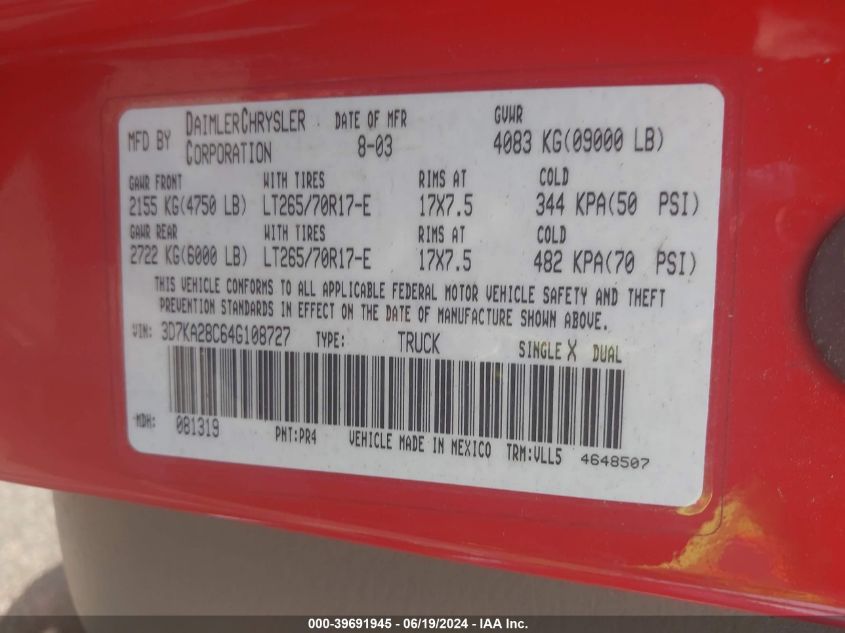 2004 Dodge Ram 2500 St/Slt VIN: 3D7KA28C64G108727 Lot: 39691945