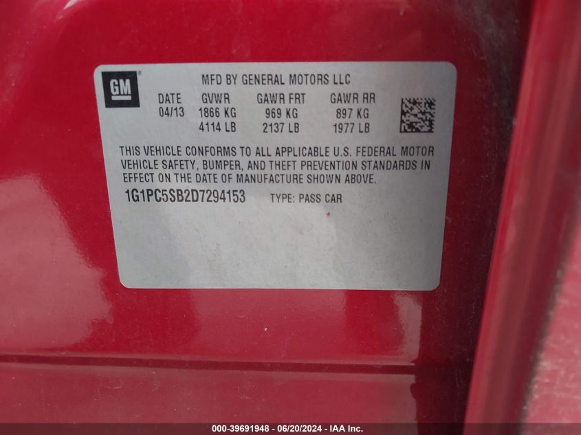 2013 Chevrolet Cruze 1Lt Auto VIN: 1G1PC5SB2D7294153 Lot: 39691948