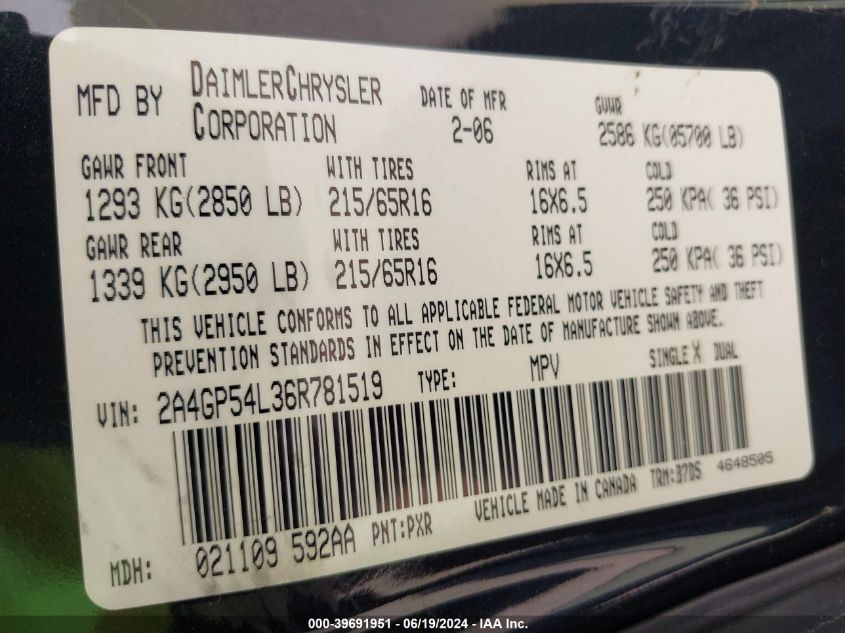 2006 Chrysler Town & Country Touring VIN: 2A4GP54L36R781519 Lot: 39691951
