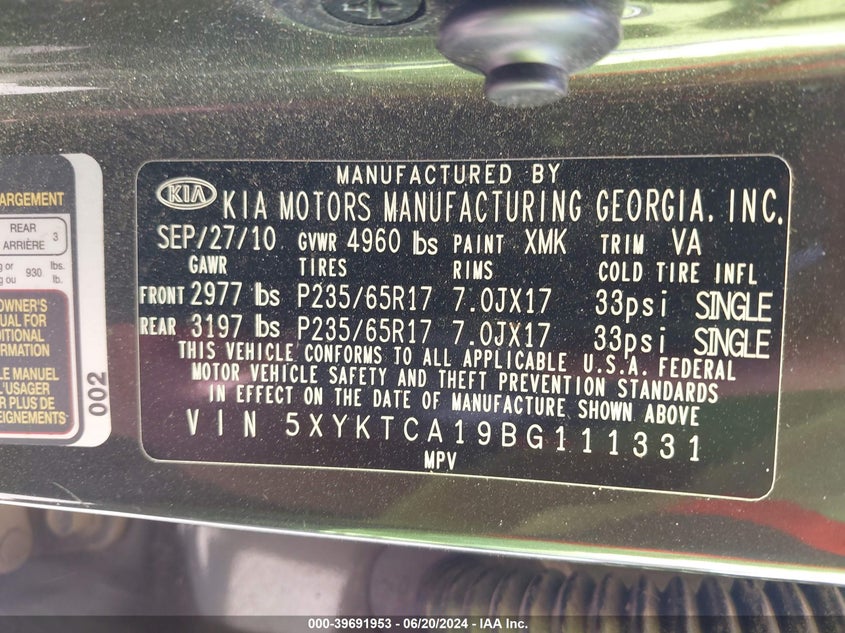 2011 Kia Sorento Lx VIN: 5XYKTCA19BG111331 Lot: 39691953