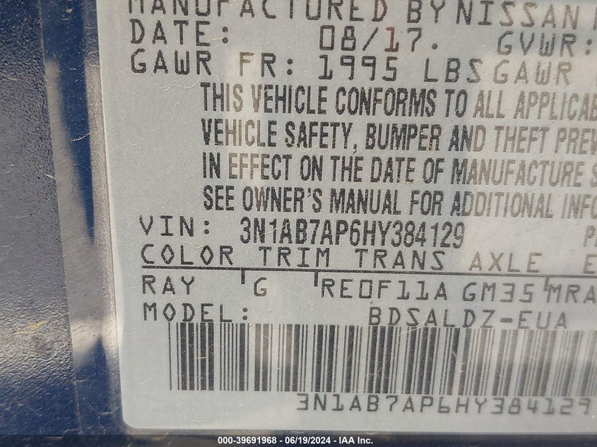 2017 Nissan Sentra Sv VIN: 3N1AB7AP6HY384129 Lot: 39691968