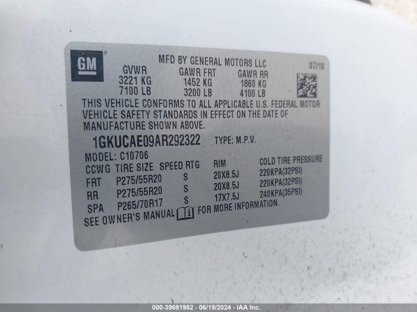 2010 GMC Yukon Sle VIN: 1GKUCAE09AR292322 Lot: 39691982