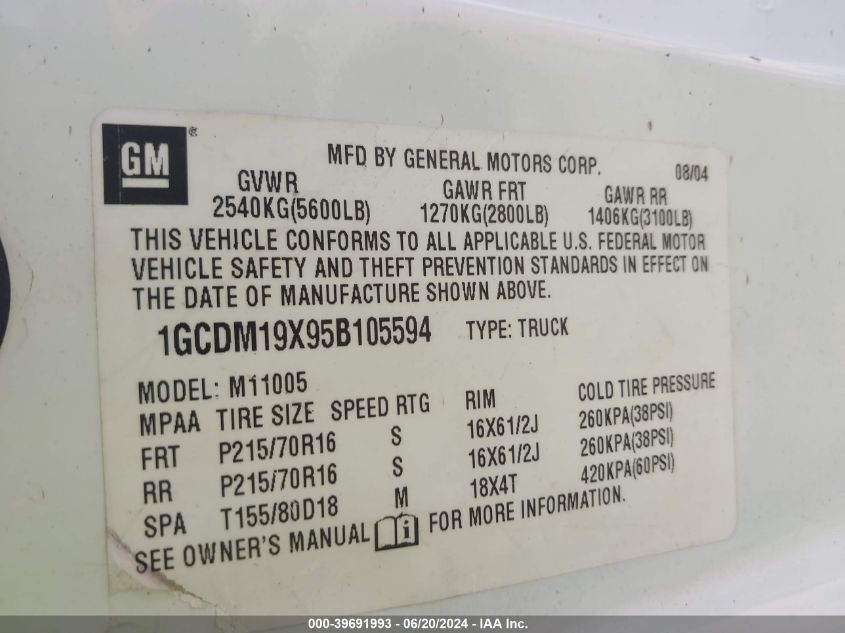 2005 Chevrolet Astro VIN: 1GCDM19X95B105594 Lot: 39691993