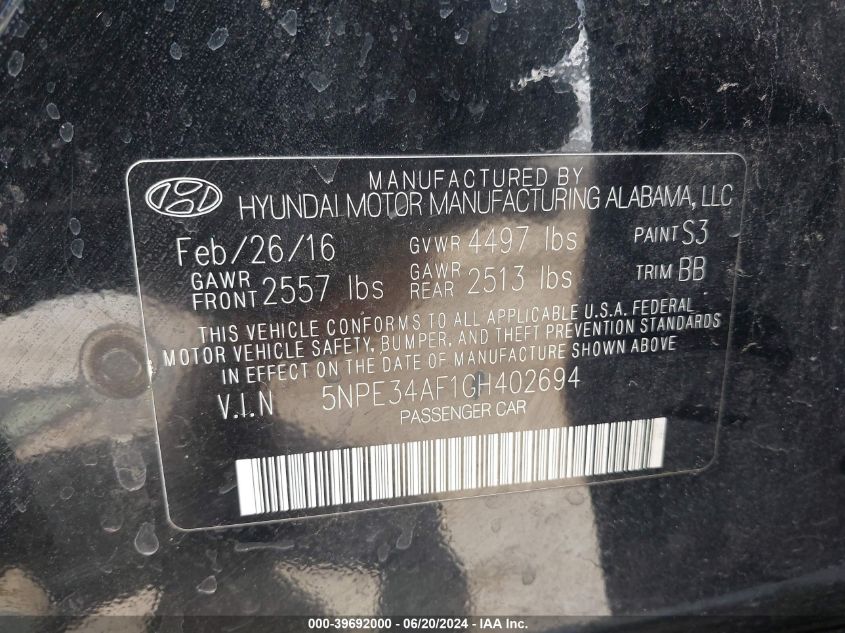 2016 Hyundai Sonata Sport VIN: 5NPE34AF1GH402694 Lot: 39692000