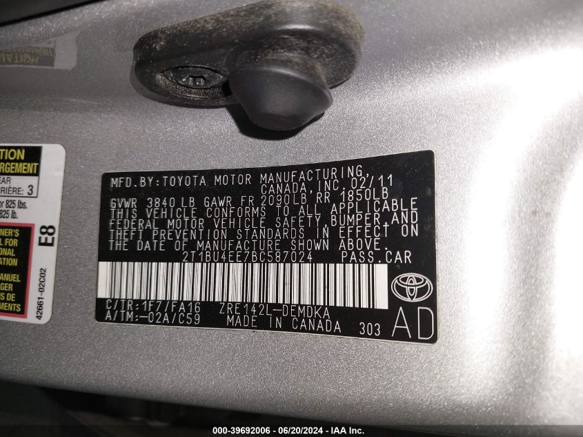 2011 Toyota Corolla VIN: 2T1BU4EE7BC587024 Lot: 39692006